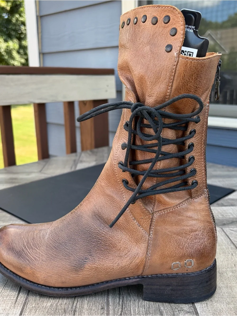Bed Stu Fen Boot Sz 9.5 Alkaline Rustic Studded Corset Lace Up Leather Mid Calf